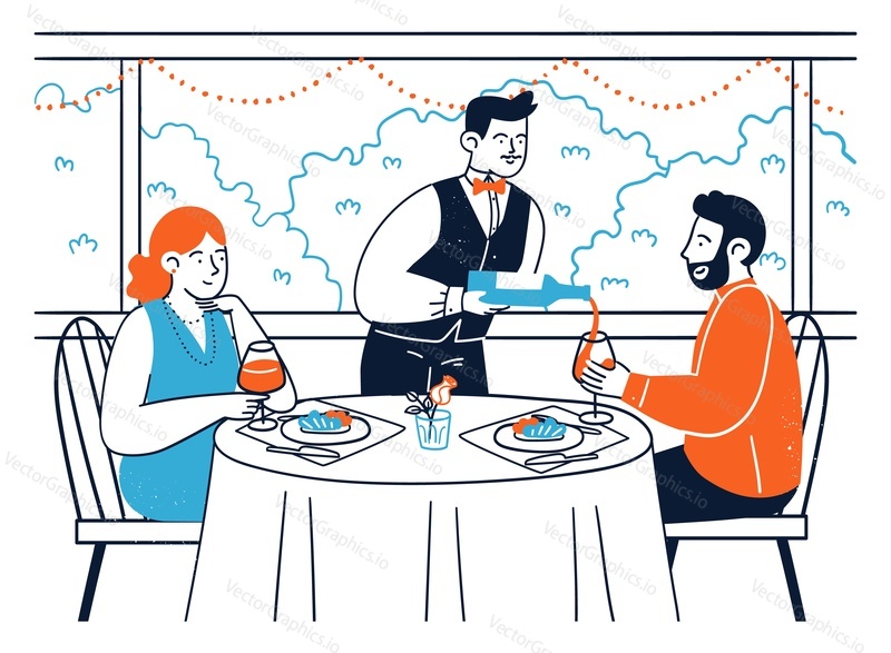 Milující pár pití vína při odpočinku v restauraci se těší čas společně s romantické chodit s někým nebo slaví Valentýna dovolenou vektorové ilustrace
