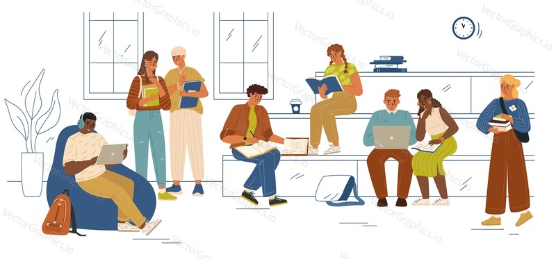 Inteligentní teenager studenti kreslené postavičky studovat, příprava na zkoušku odpočívá společně sdílení pracoviště v areálu uvnitř vektorové ilustrace