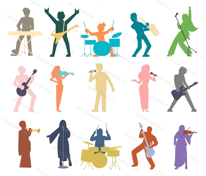 People musicians color silhouettes playing