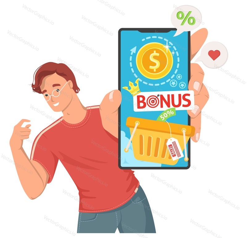 Happy man character advertising bonuses