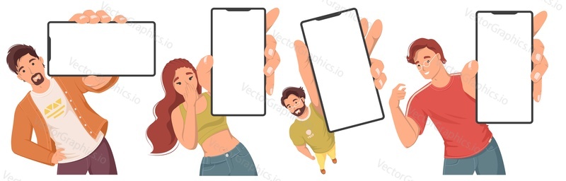 Люди, мультипликационные персонажи, держащие смартфон,