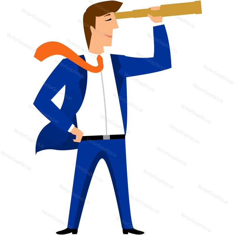 Vector businessman leader looking through spyglass standing isolated on white background. Man with binocular watching forward. Leadership opportunity, foresight and vision icon