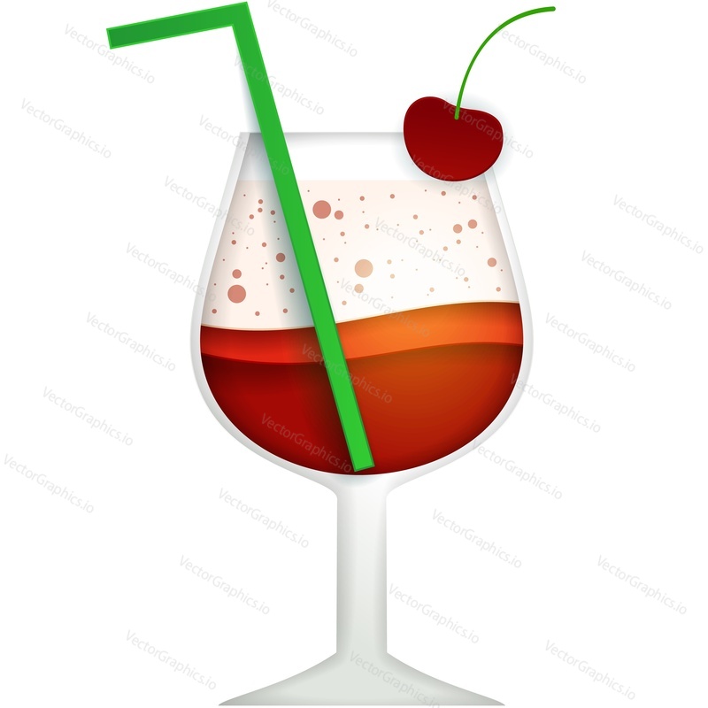Cocktail glass with cherry vector. Alcohol party drink icon. Bar juice with berry, straw and cream isolated. Summer tropical fruit liquor illustration. Beverage shake isolated on white background