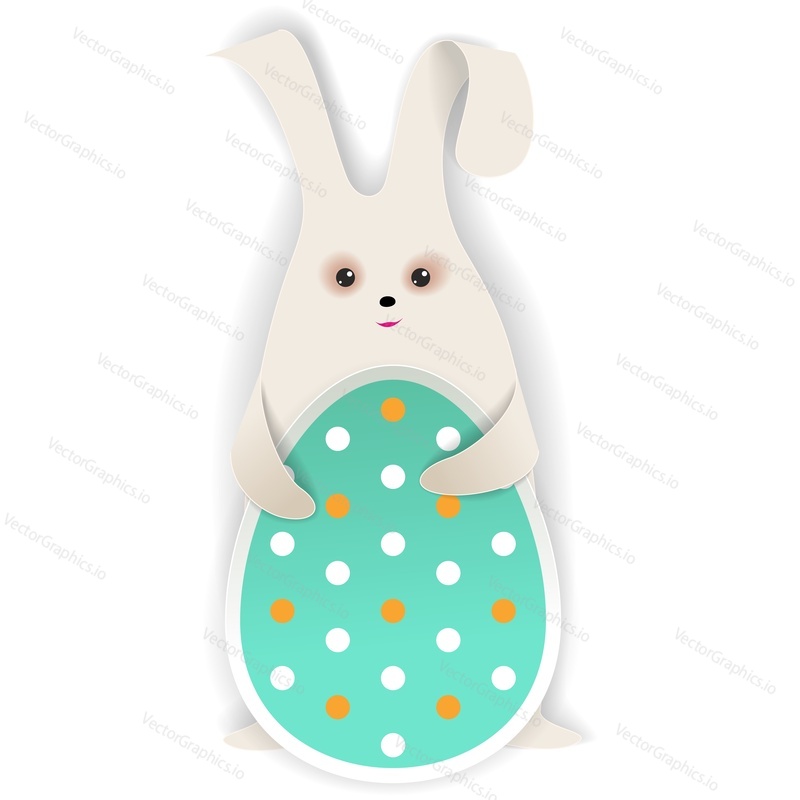 Easter bunny holding egg with pattern in paw papercut cute vector. Funny spring holiday rabbit icon isolated on white background