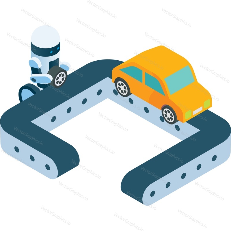 Robot working at conveyor making car vector icon isolated on white background. Industry factory automation