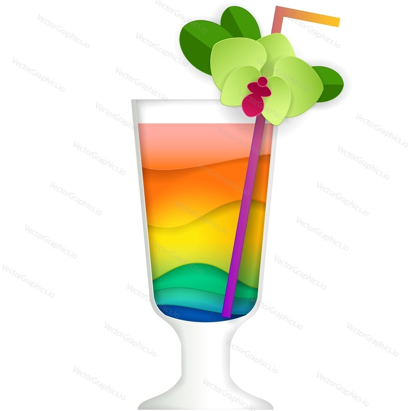 Cocktail in glass with orchid flower decoration vector. Alcohol party drink icon. Bar striped juice with straw isolated. Summer tropical fruit liquor illustration. Beverage shake isolated on white background