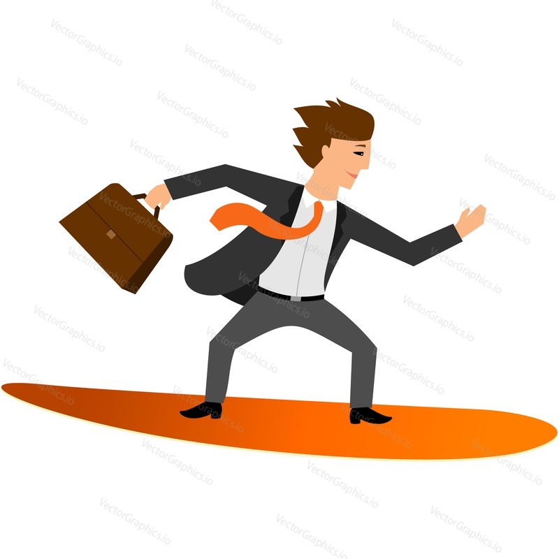 Businessman wave surfer vector. Business surfing icon. Flat person in suit, necktie and briefcase surf and balance on board isolated on white background. Leadership and confident forwad direction