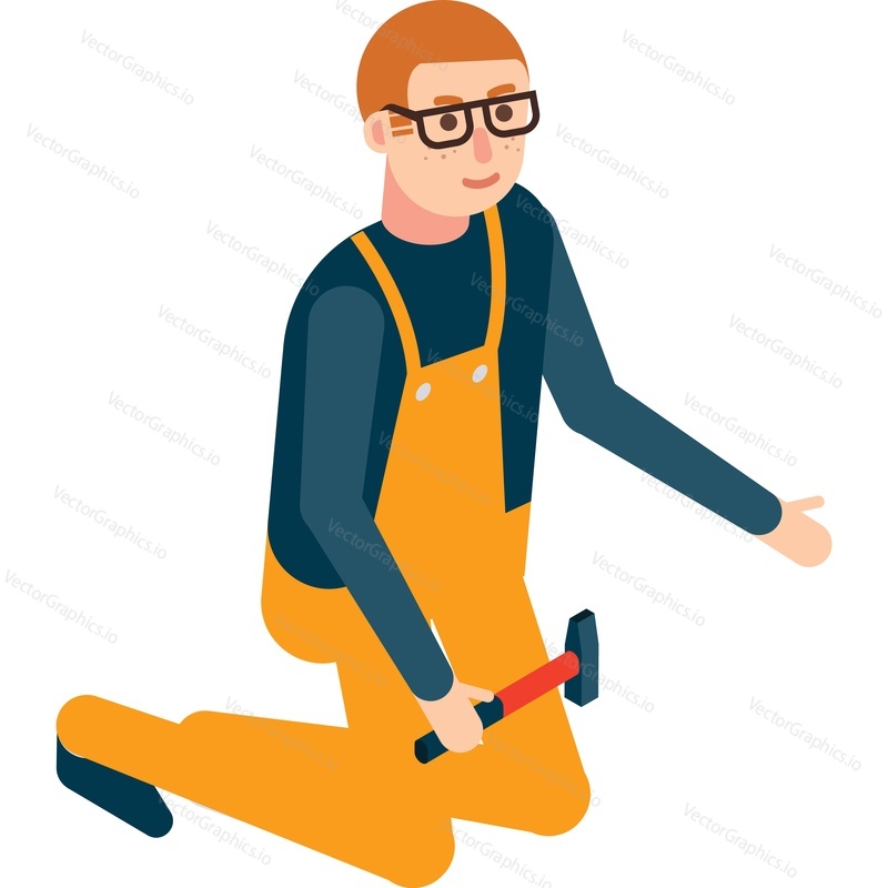 Builder working with hammer vector icon isolated on white background. Labor character, repair man or carpenter person