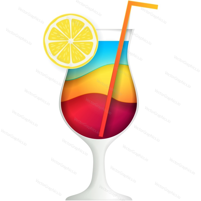 Cocktail glass with lemon vector. Alcohol party drink icon. Bar juice with lime and straw isolated. Summer tropical fruit liquor illustration. Beverage shake isolated on white background
