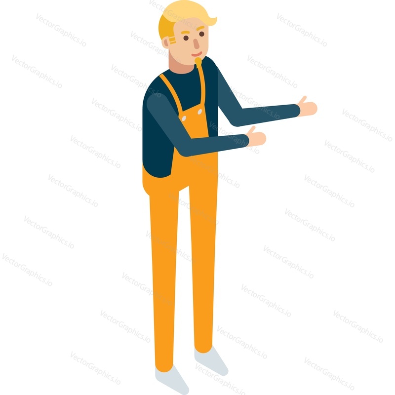 Builder in overalls vector icon isolated on white background. Construction work man character wearing uniform