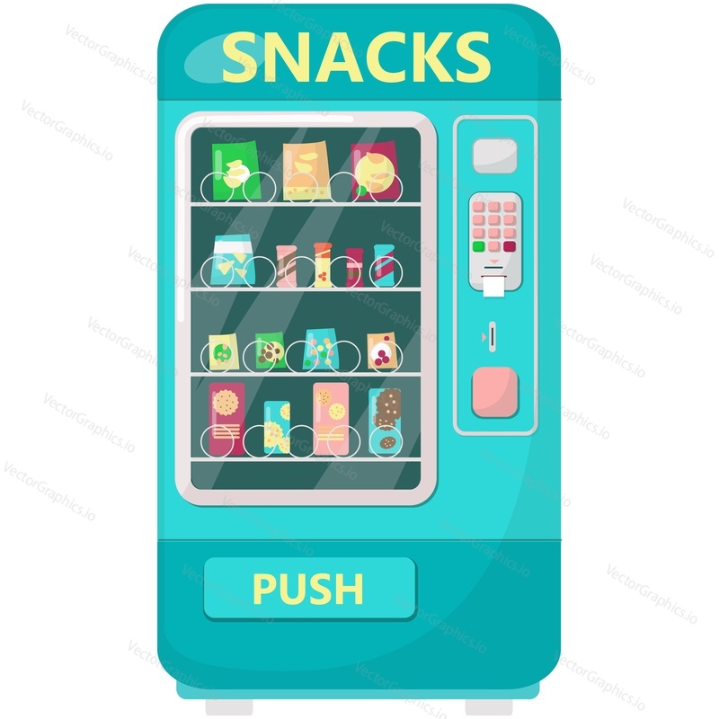 Vector snack vending machine illustration. Automatic device front view with push button. Automat selling chips, nuggets, cracker bisquit, chocolate bar isolated icon on white background