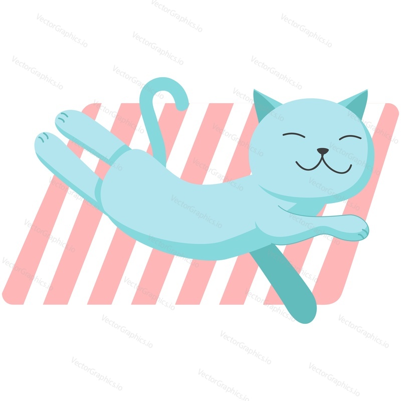 Cat on beach vector. Cute animal enjoy summer icon. Funny lazy sleepy pet sunbathing on plaid blanket. Holiday on weekend, season rest and happy character illustration isolated on white background