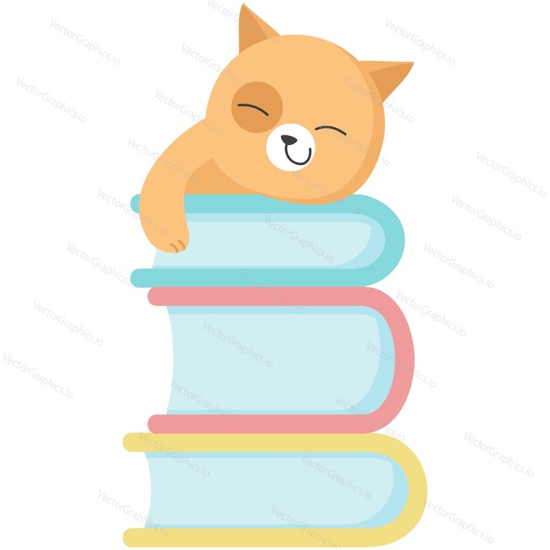 Cat vector illustration. Cartoon cute character kitten sleeping on stacked book pile icon. Sleepy funny napping pet isolated on white background