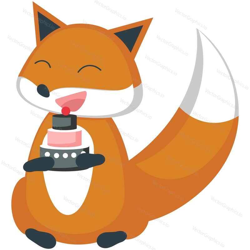 Red fox eating sweet birthday cake vector cartoon icon. Cartoon little forest animal licking delicious dessert illustration isolated on white background