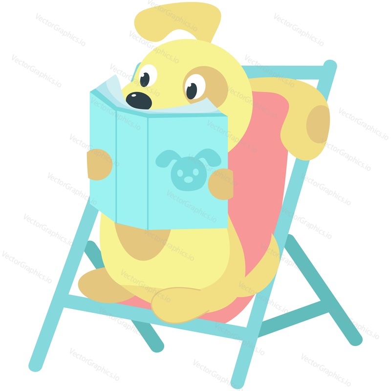 Dog rest on beach vector. Vacation relax icon. Cute animal reading story book sitting on deck chair enjoy summer travel on season holiday at seaside illustration isolated on white background