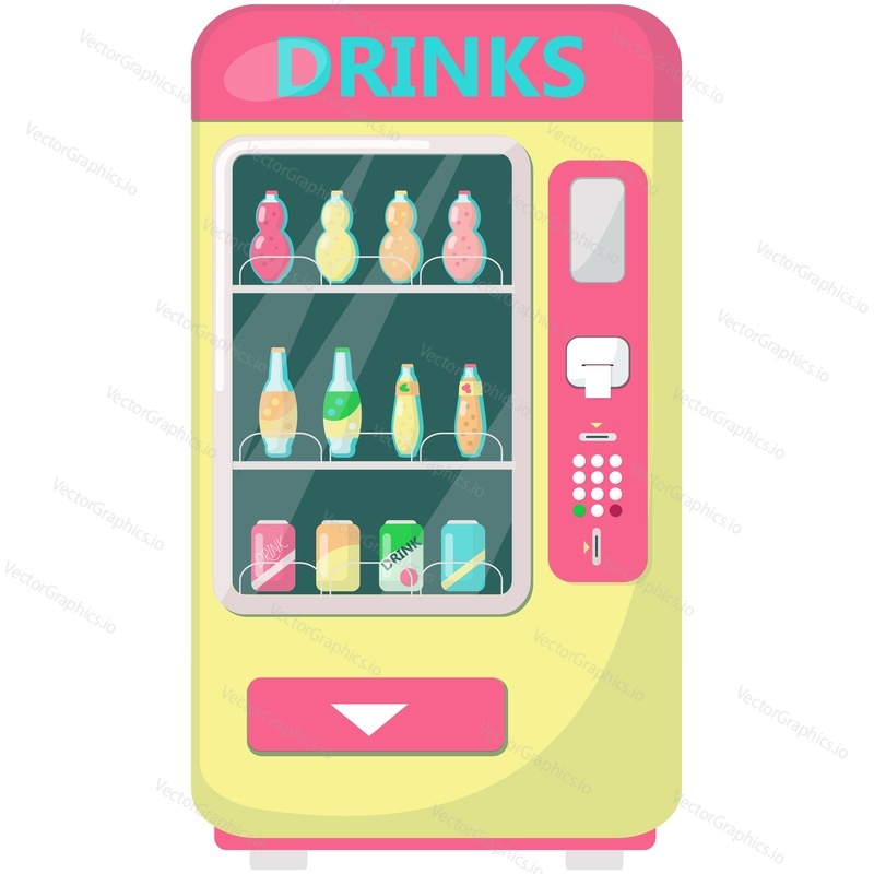 Vector drink vending machine illustration. Automatic device selling beverage as lemonade, juice and soda, cola drink can bottle and glass jar isolated icon on white background