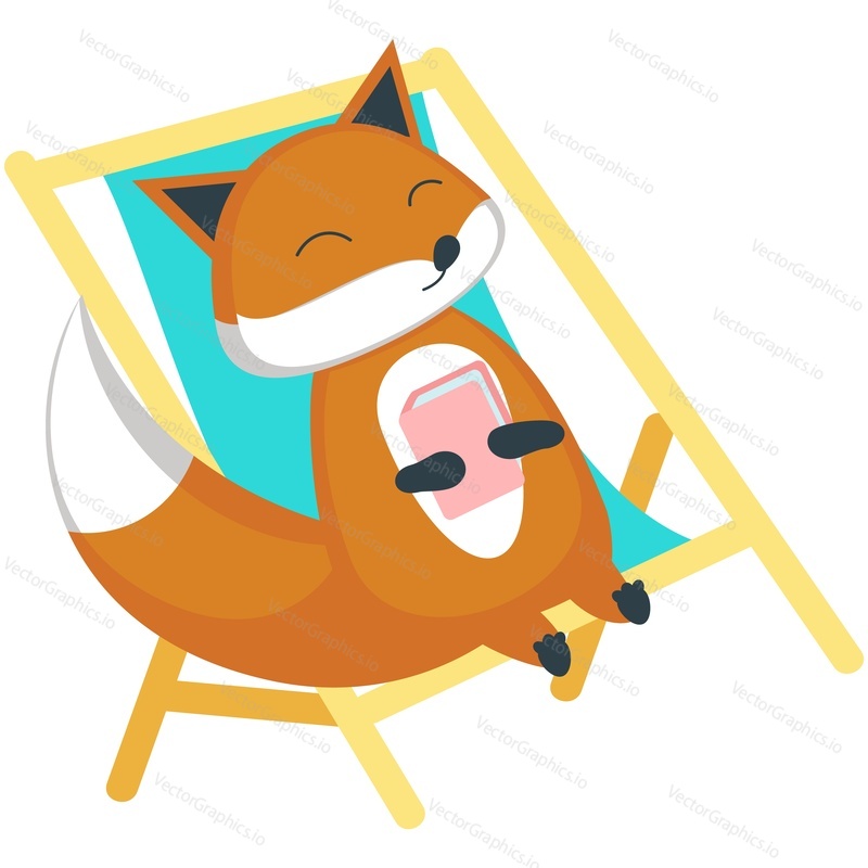 Fox rest on beach vector. Cute sleepy lazy animal napping having sweet dream holding book and lying on deckchair isolated on white background. Summer relax on tropical seaside illustration