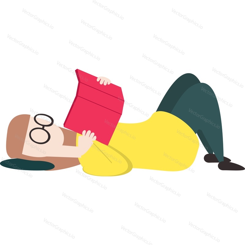 Woman enjoy reading book vector icon. Student literature fan lying on floor isolated on white background. Hobby, education or library concept