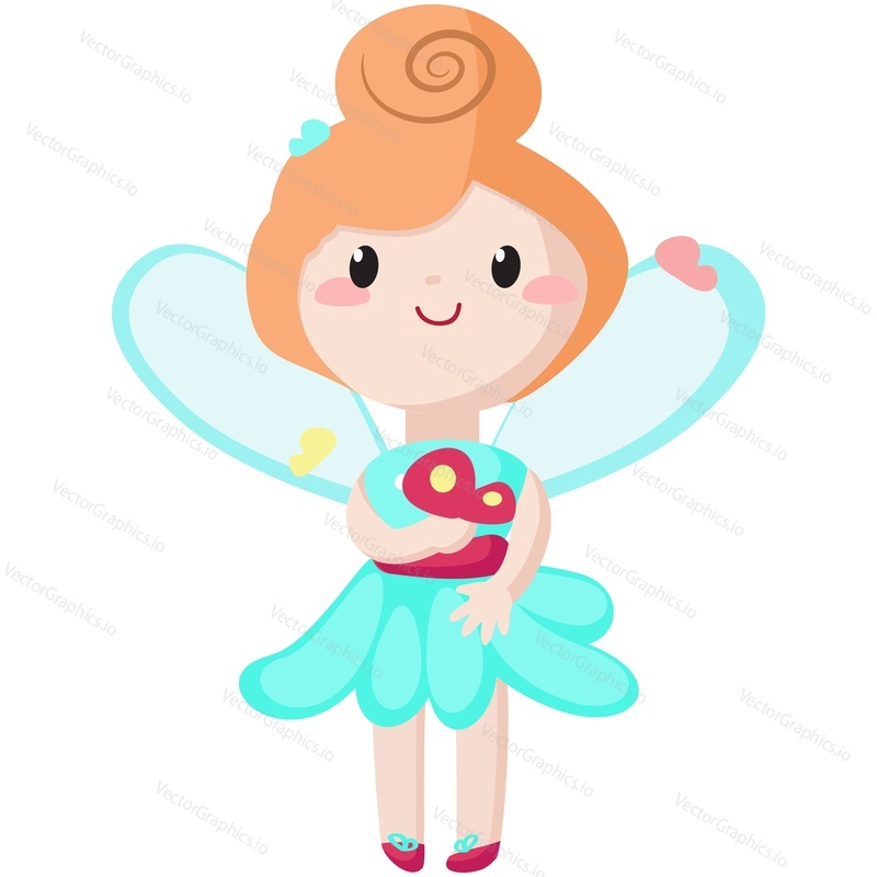 Cute fairy vector illustration. Cartoon magic girl character with butterfly. Fairytale princess in costume with wings. Fantasy little forest pixie angel isolated on white background