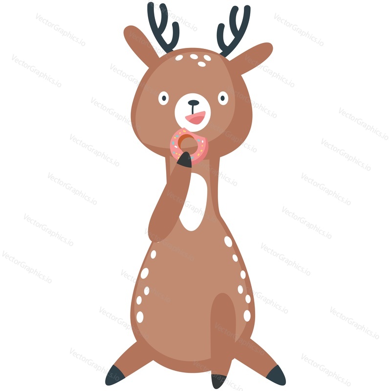 Cute deer eating sweet donut dessert vector. Elk, reindeer or fawn forest animal cartoon character icon isolated on white background