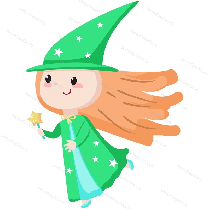 Cute enchantress with magic wand vector. Cartoon character wearing pretty hat, costume icon illustration. Magical fairytale sorcerer child moving isolated on white background