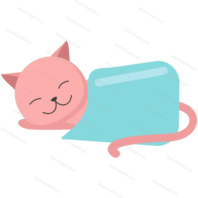 Cat sleeping under warm blanket vector. Cute animal rest covered with comfort plaid icon. Sweet dreams cartoon character illustration isolated on white background
