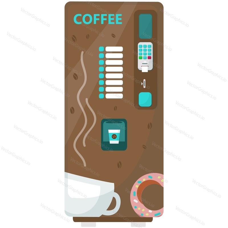 Vector coffee vending machine illustration. Hot beverage selling automatic drink dispenser device isolated icon on white background