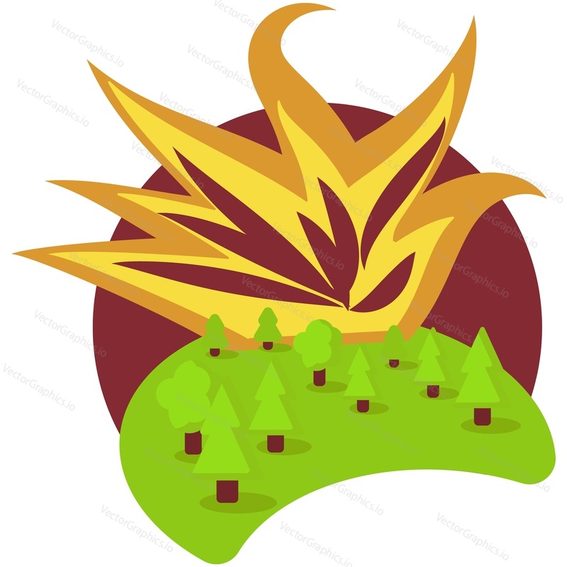 Forest fire natural disaster vector. Wildfire icon. Wild tree and flame scene isolated. Nature apocalypse bushfire landscape illustration on white background