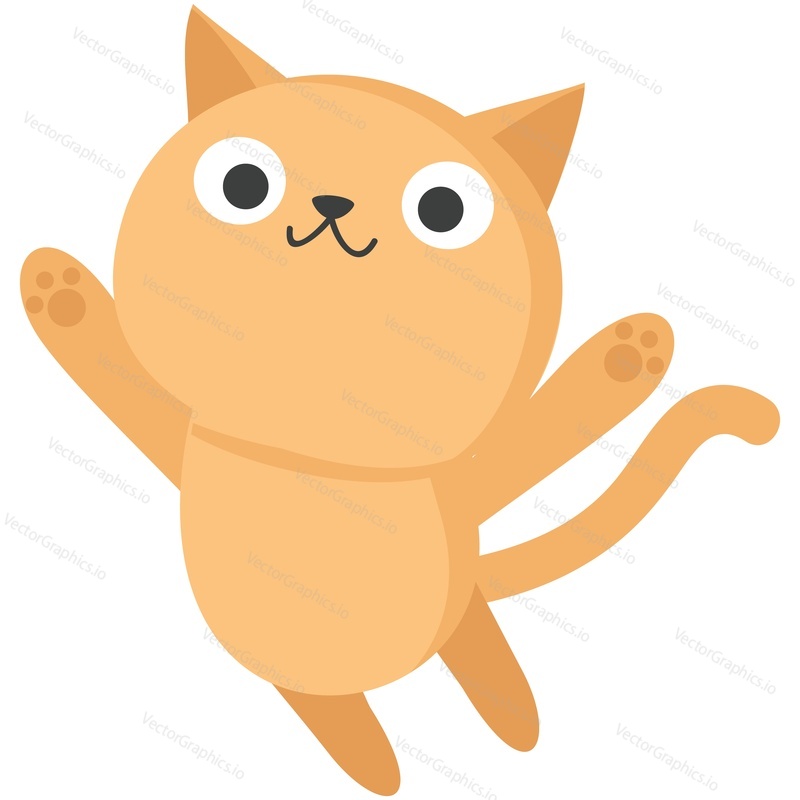 Vector pet cute cartoon cat. Flat animal character with happy emotion icon. Kitten jumping, playing, hugging emoticons isolated on white background