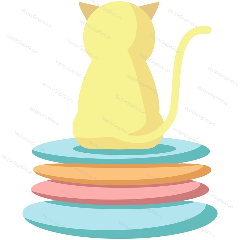 Vector pet cute cartoon cat. Flat animal character sitting on plated stack emoticon icon. Kitten view from back isolated on white background