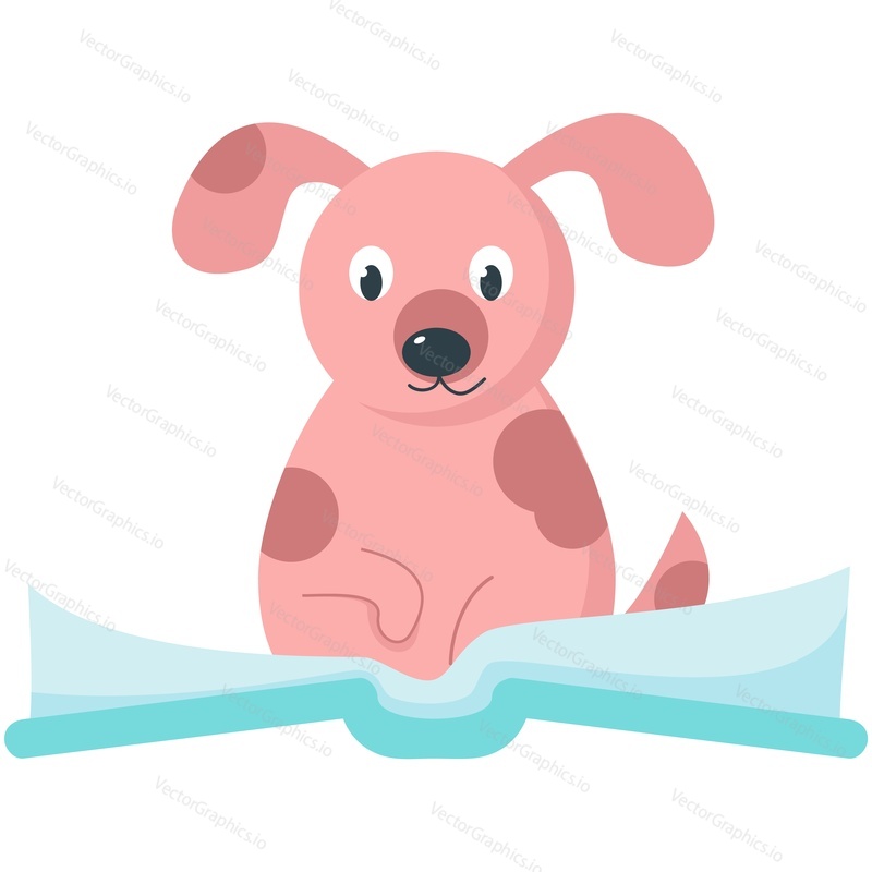 Funny dog reading book vector. Smart pet domestic animal learning studying icon. Cute character illustration isolated on white background
