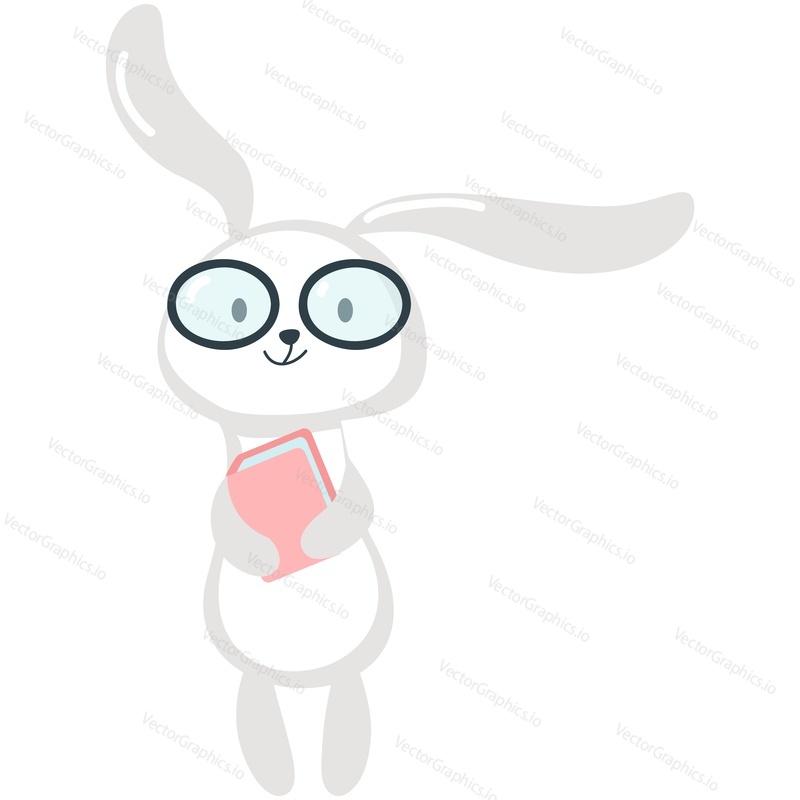 Easter bunny with book vector. Cute smart animal character in eyeglasses illustration. Rabbit reader learning, studying icon isolated on white background
