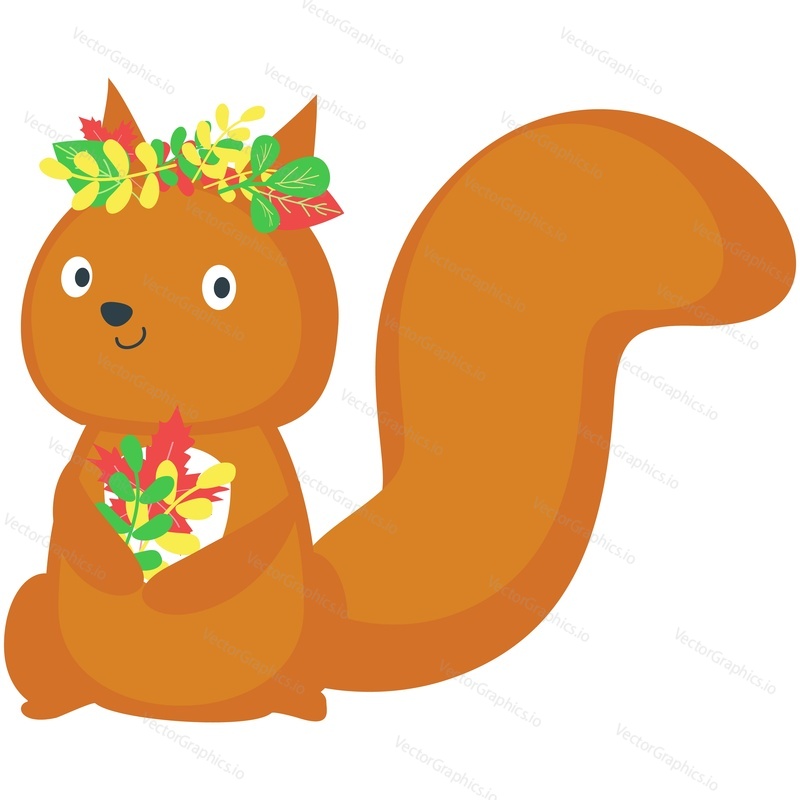 Squirrel vector. Cute forest animal cartoon character illustration. Chipmunk with autumn leaves wreath on head and bunch icon isolated on white background