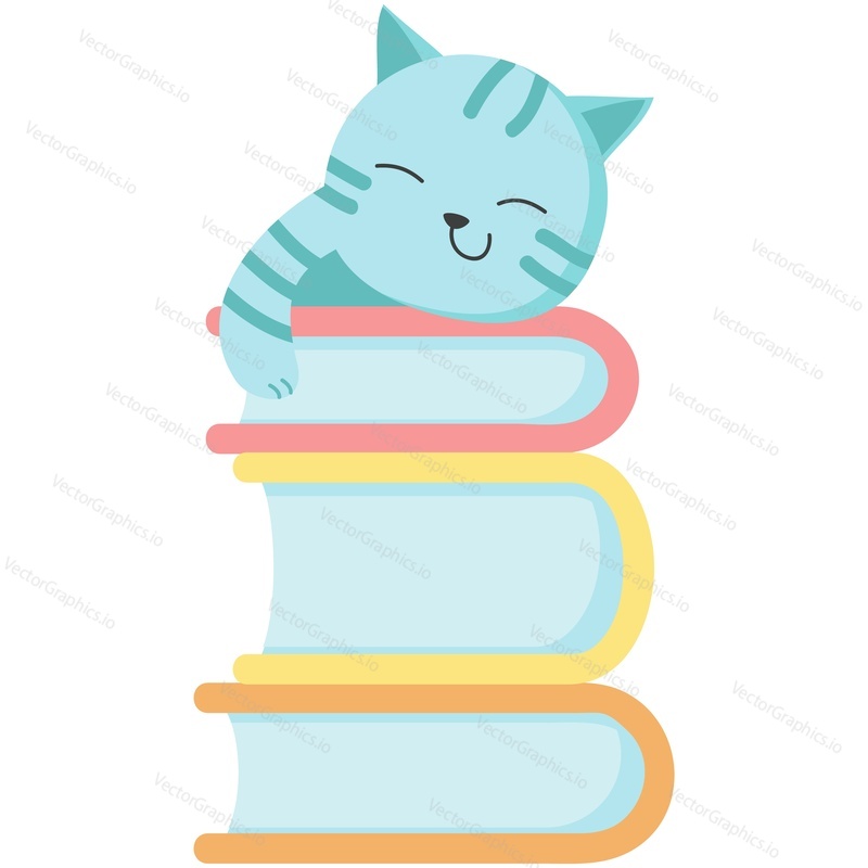 Funny cat animal vector. Lazy kitten sleeping on book stack icon. Cute character napping on textbook pile illustration isolated on white background