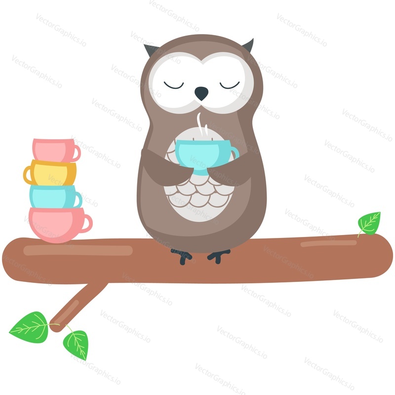 Owl on branch vector. Cute beak bird animal design icon illustration. Funny autumn character drinking hot tea or coffee isolated on white background