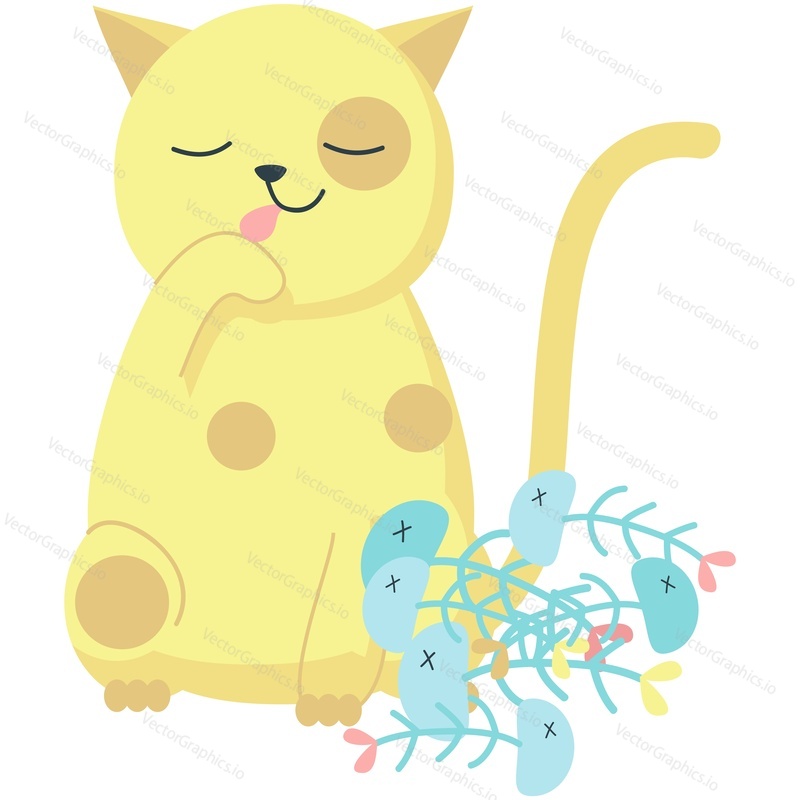 Vector well-fed cat. Cute pet animal cartoon icon. kitten character and fish skeleton heap illustration isolated on white background