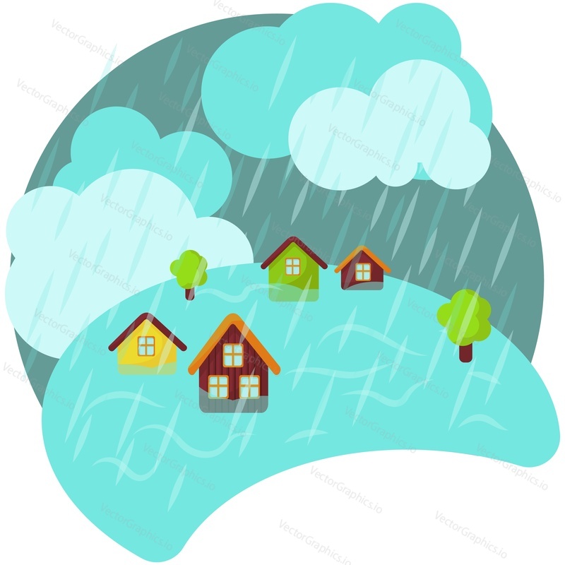 Flood disaster vector. House under pouring rain icon. Hurricane, storm or tsunami in city area scene. Big monsoon shower illustration isolated on white background