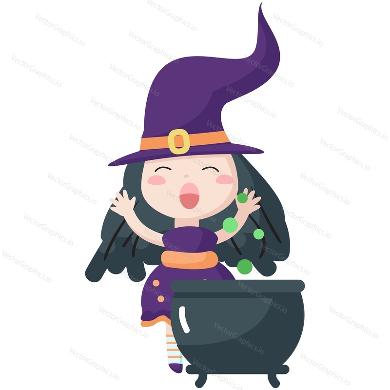 Witch cooking poison halloween cartoon vector. Cauldron with magic potion and cute beautiful girl wizard magician in hat and costume telling spell front of boiling pot isolated on white background