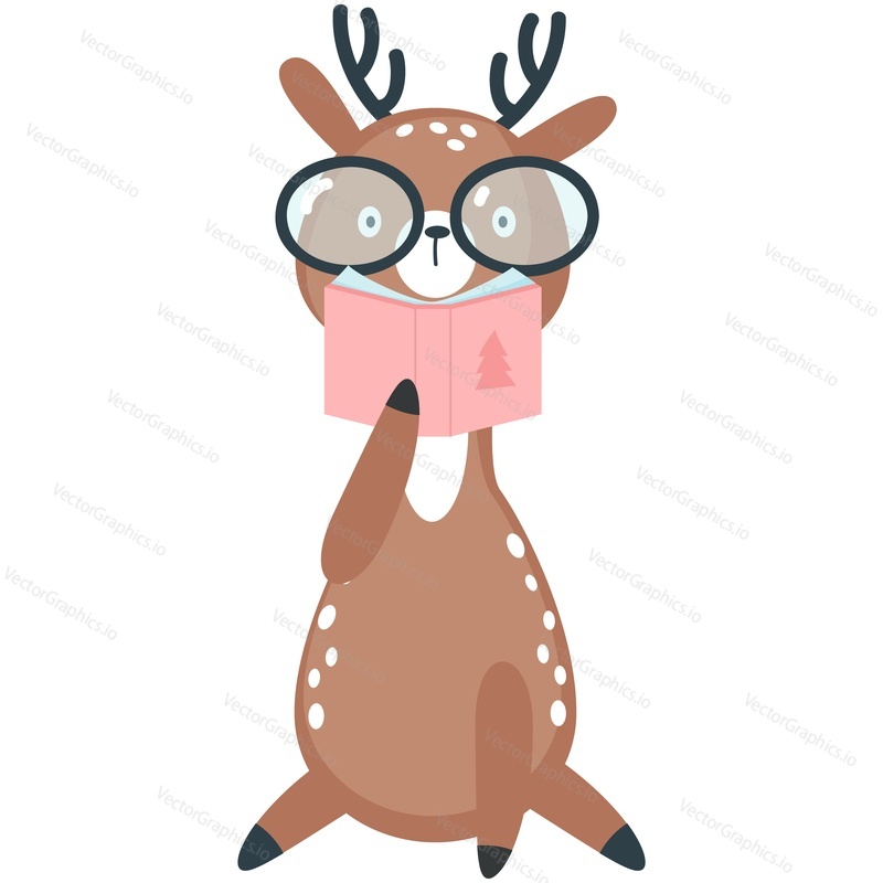 Deer reading vector. Cute animal with story book illustration. Reindeer literature learning, library fan character isolated on white background