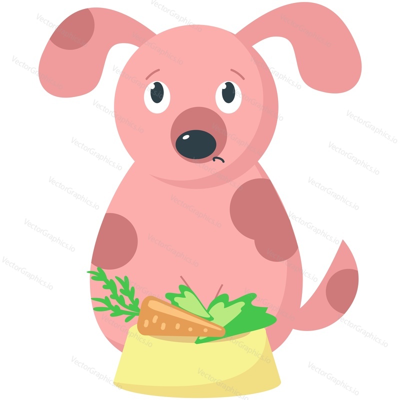 Sad hungry dog vector. Puppy pet sitting front of bowl with vegetable cartoon icon. Animal and healthy food. Doggy feed isolated on white background