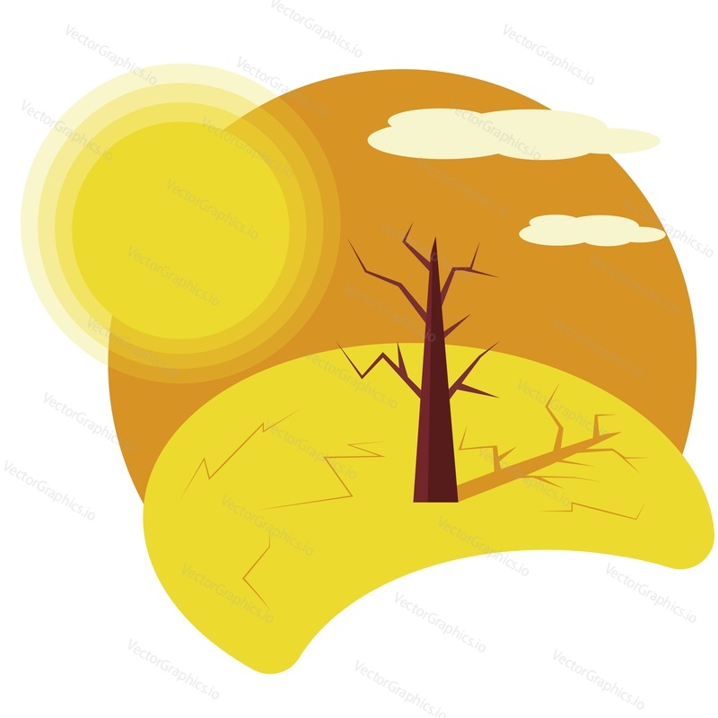 Drought vector. Cartoon dry land and tree in desert illustration. Hot weather, soil erosion, scorching sun scene icon. Natural disaster isolated on white background