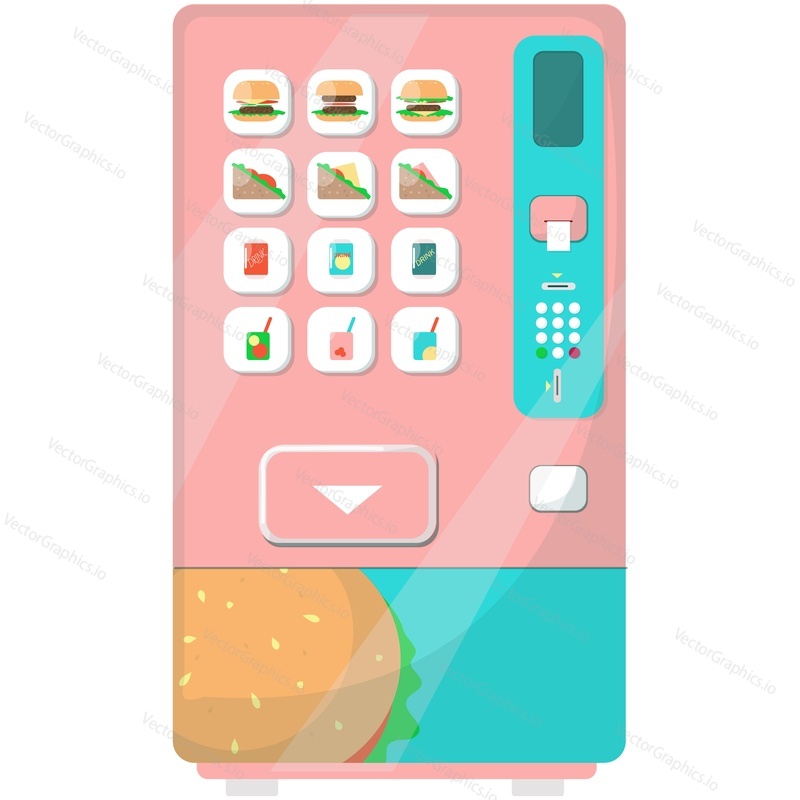 Vector food snack vending machine illustration. Automatic device selling burger, sandwich, juice and soda drink can bottle isolated icon on white background