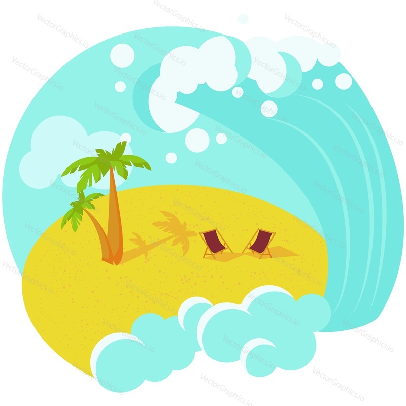 Tsunami vector. Water wave flood after sea earthquake illustration. Ocean storm and beach icon. Earth climate change. Environmental catastrophe isolated on white background