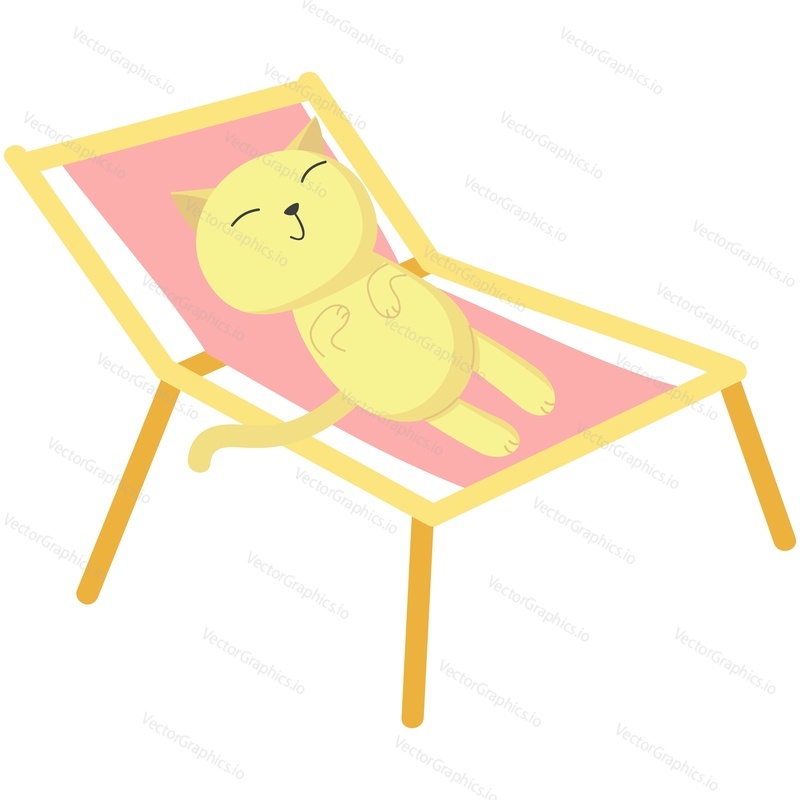 Cat rest on beach vector. Vacation relax icon. Cute animal sunbathing lying on deck chair enjoy summer travel fun season holiday at seaside illustration isolated on white background