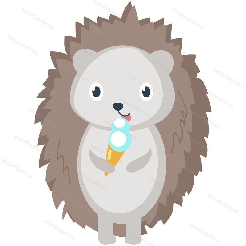 Cute hedgehog eating ice-cream vector. Cartoon little forest prickly animal licking delicious gelato dessert icon isolated on white background