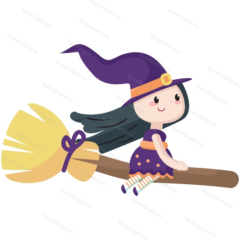 Witch flying on broom vector. Cute magician girl on halloween broomstick isolated icon illustration. Wicked fairy in magic hat isolated on white background