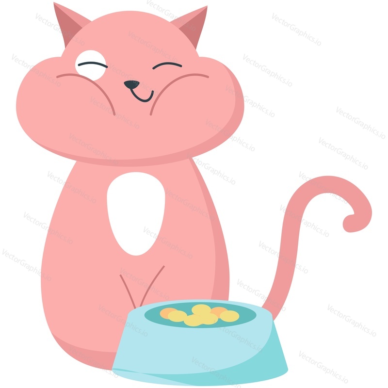 Well-fed cat vector. Cartoon chubby kitten eating dry food from bowl icon. Funny domestic animal illustration on white background