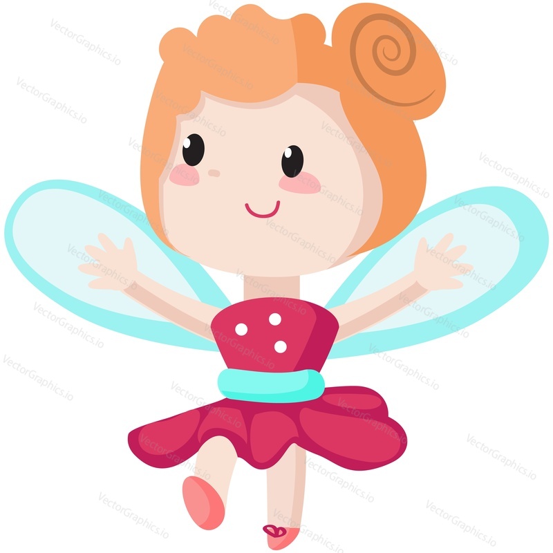 Cute fairy vector illustration. Cartoon magic girl character with wings. Happy fairytale princess in costume smiling. Fantasy little forest pixie with raised arms isolated on white background
