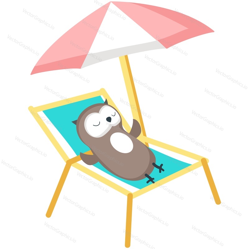 Owl rest on beach vector. Vacation relax icon. Beak bird lying on deck chair under umbrella enjoy summer travel fun season holiday at seaside illustration isolated on white background