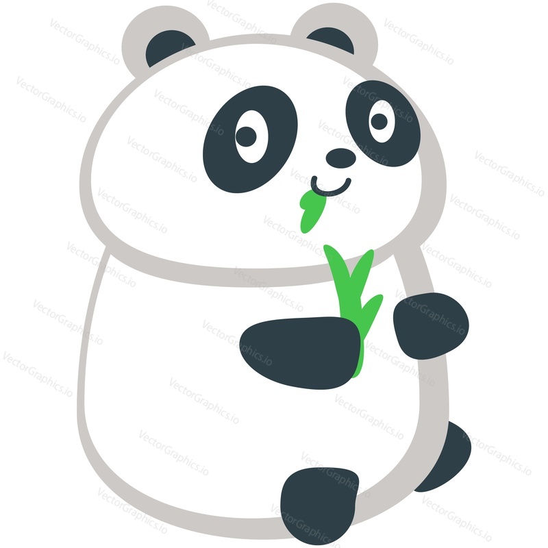 Panda eating bamboo vector. Cute bear sitting chewing green leaves icon. Kawaii happy wild animal isolated on white background